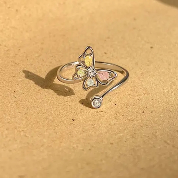 925 Sterling Silver Plated Alloy Adjustable Butterfly Ring CZ Rhinestones - Picture 4 of 7